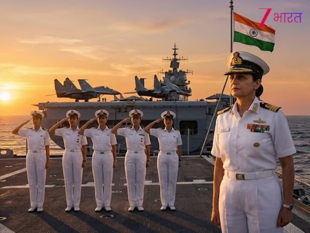 भारतीय नौदलाच्या युद्धनौकेवर उभ्या असलेल्या महिला नौदल अधिकाऱ्यांचा ताफा; पुढे उभी असलेली वरिष्ठ महिला अधिकारी, मागे सलामी देणाऱ्या महिला नौसैनिक, पार्श्वभूमीला समुद्र, युद्धनौका आणि भारतीय तिरंगा झळकत असलेला दृश्य.