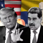 अमेरिका–वेनेझुएला तणाव दर्शवणारी प्रतिमा; अमेरिकेचे माजी राष्ट्राध्यक्ष डोनाल्ड ट्रम्प आणि वेनेझुएलाचे राष्ट्रपती निकोलस मादुरो समोरासमोर, पार्श्वभूमीला दोन्ही देशांचे झेंडे