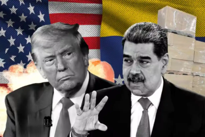 अमेरिका–वेनेझुएला तणाव दर्शवणारी प्रतिमा; अमेरिकेचे माजी राष्ट्राध्यक्ष डोनाल्ड ट्रम्प आणि वेनेझुएलाचे राष्ट्रपती निकोलस मादुरो समोरासमोर, पार्श्वभूमीला दोन्ही देशांचे झेंडे