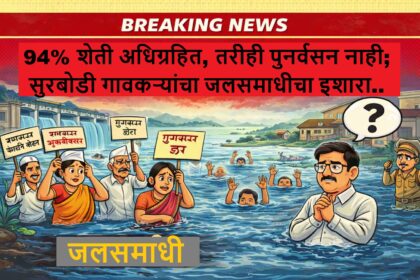 भंडारा जिल्ह्यातील सुरबोडी गावातील 94 टक्के शेती अधिग्रहित होऊनही पुनर्वसन न झाल्याच्या विरोधात गावकऱ्यांचा जलसमाधीचा इशारा दर्शविणारा कार्टून न्यूज बॅनर, धरण, पाण्यात उभे गावकरी आणि निदर्शने फलक दाखवलेले.