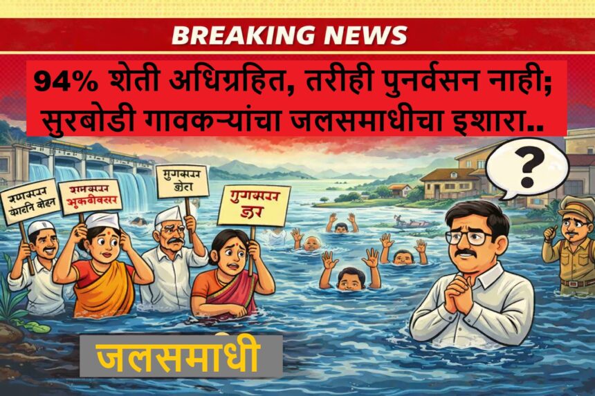 भंडारा जिल्ह्यातील सुरबोडी गावातील 94 टक्के शेती अधिग्रहित होऊनही पुनर्वसन न झाल्याच्या विरोधात गावकऱ्यांचा जलसमाधीचा इशारा दर्शविणारा कार्टून न्यूज बॅनर, धरण, पाण्यात उभे गावकरी आणि निदर्शने फलक दाखवलेले.