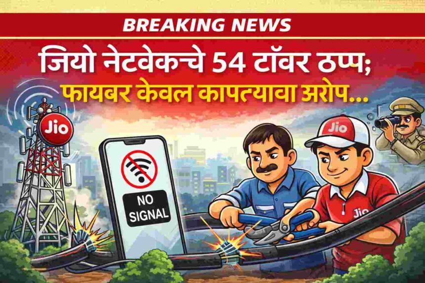 जिओ नेटवर्कचे 54 टॉवर ठप्प झाल्याच्या घटनेवर आधारित कार्टून बॅनर, फायबर केबल कापल्याचा आरोप दर्शविताना मोबाईलवर नो सिग्नल चिन्ह आणि जिओ टॉवरचे चित्र.