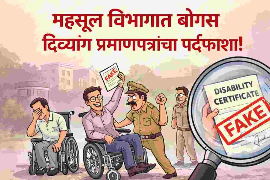 महसूल विभागातील बोगस दिव्यांग प्रमाणपत्र प्रकरणाचा कार्टून बॅनर