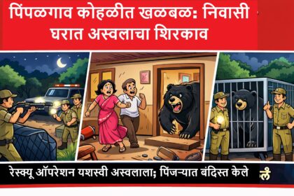 पिंपळगाव कोहळी येथे रात्री निवासी घरात शिरलेले अस्वल आणि वनविभागाच्या कर्मचाऱ्यांकडून सुरू असलेले रेस्क्यू ऑपरेशन