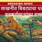 भंडारा जिल्ह्यातील लाखनी येथे बिबट्याच्या हल्ल्याच्या घटनेवर आधारित कार्टून न्यूज बॅनर, वनकर्मचाऱ्यांवर हल्ला करताना बिबट्या आणि ट्रँक्विलायझर गनने बेशुद्ध करतानाचे दृश्य दाखवलेले.