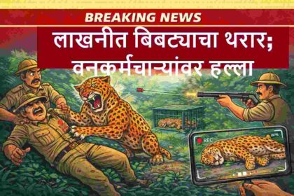 भंडारा जिल्ह्यातील लाखनी येथे बिबट्याच्या हल्ल्याच्या घटनेवर आधारित कार्टून न्यूज बॅनर, वनकर्मचाऱ्यांवर हल्ला करताना बिबट्या आणि ट्रँक्विलायझर गनने बेशुद्ध करतानाचे दृश्य दाखवलेले.