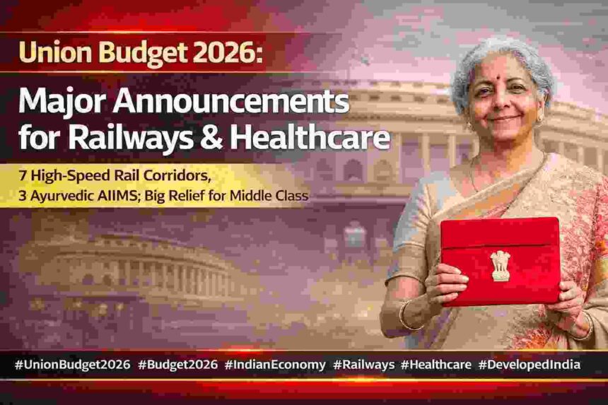 केंद्रीय बजेट 2026 संदर्भातील न्यूज बॅनर; संसद भवनाच्या पार्श्वभूमीवर अर्थमंत्री बजेट ब्रीफकेस हातात धरताना, रेल्वे व आरोग्य क्षेत्रातील मोठ्या घोषणा दर्शविताना.