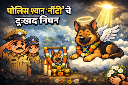 पोलिस श्वान ‘नॉटी’च्या निधनावर आधारित कार्टून बॅनर, ज्यात देवदूताच्या रूपात आकाशात बसलेला श्वान आणि बाजूला सलामी देणारे पोलीस दाखवले आहेत.