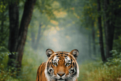 जंगलातील रस्त्यावर चालत येणारा वाघ, हिरवळीतून पुढे सरकत असलेला भव्य शिकारी