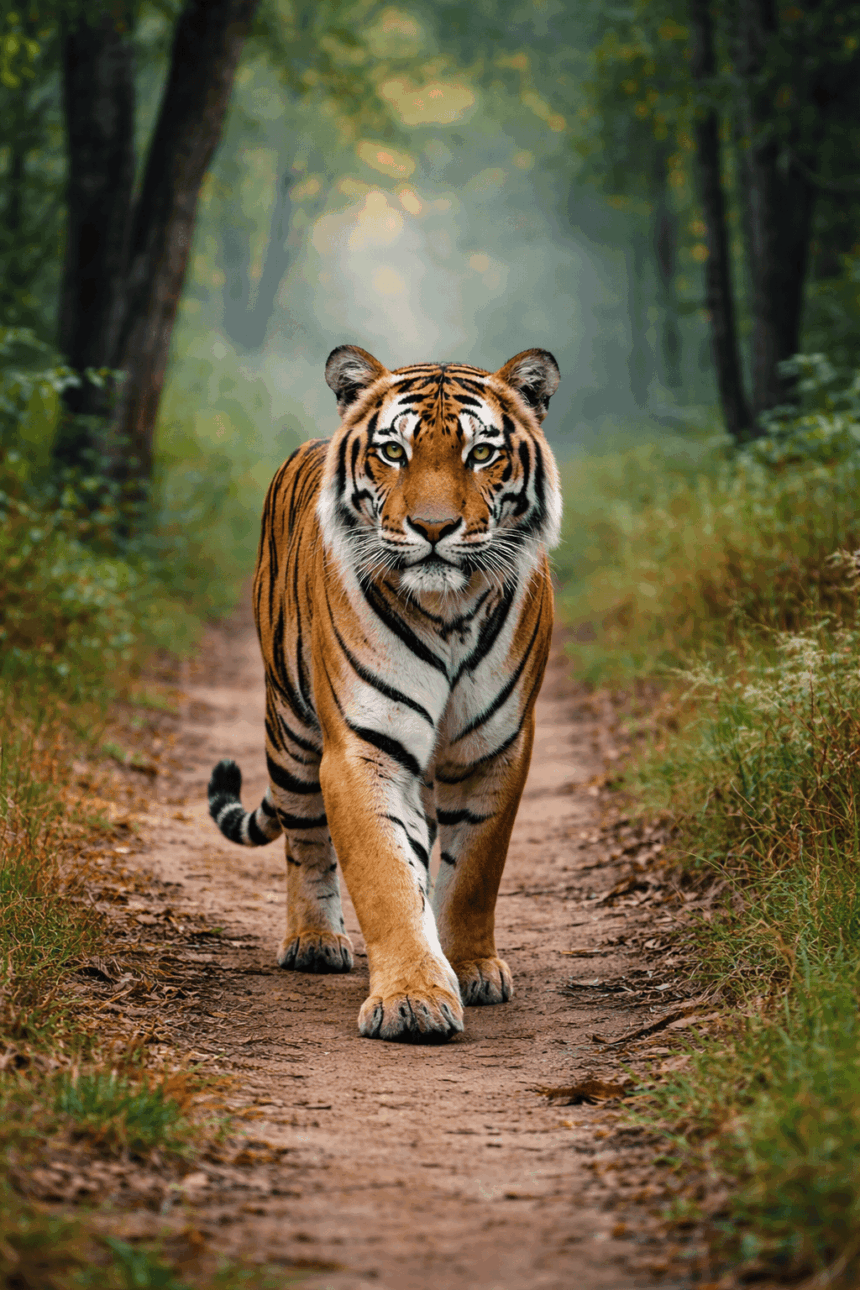 जंगलातील रस्त्यावर चालत येणारा वाघ, हिरवळीतून पुढे सरकत असलेला भव्य शिकारी