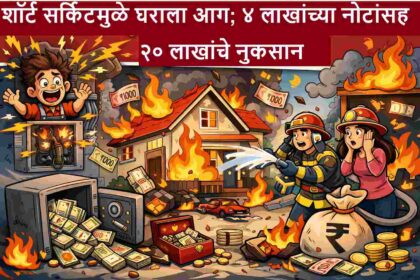 पवनी तालुक्यातील कोसरा येथे शॉर्ट सर्किटमुळे घराला आग लागून रोख रक्कम आणि मालमत्तेचे २० लाखांचे नुकसान दर्शवणारा न्यूज बॅनर