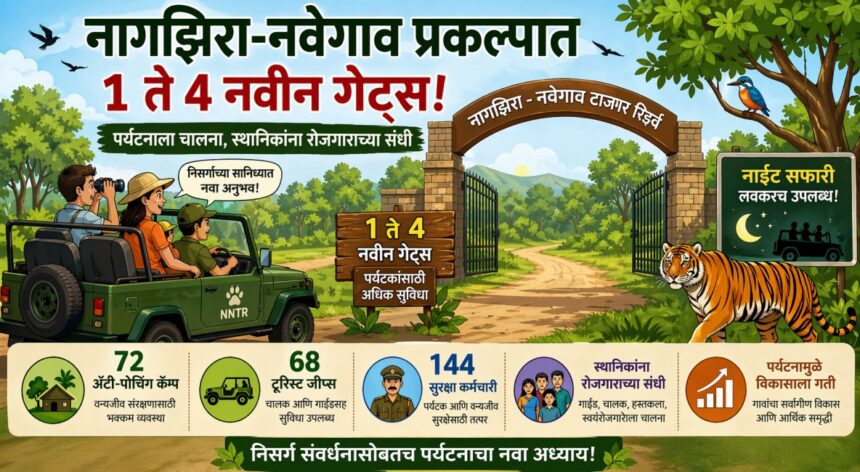 नागझिरा-नवेगाव टायगर रिझर्वमध्ये 1 ते 4 नवीन गेट्स, नाईट सफारी, पर्यटन वाढ आणि स्थानिकांना रोजगार दर्शवणारा कार्टून बॅनर