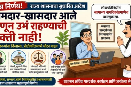 कार्टून शैलीतील बॅनरमध्ये कार्यालयात बसलेला अधिकारी आणि समोर नमस्कार करणारा लोकप्रतिनिधी दाखवलेला आहे; “आमदार-खासदार आले म्हणून उभं राहण्याची सक्ती नाही” असा सरकारी निर्णय दर्शवला आहे.