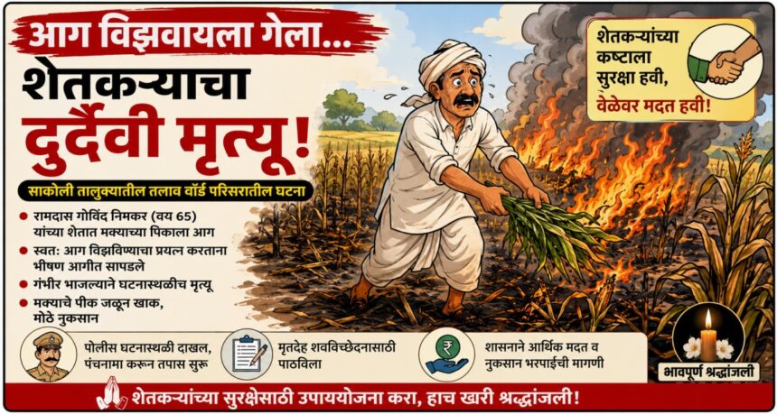 साकोली तालुक्यातील शेतात लागलेल्या भीषण आगीत आग विझविण्याचा प्रयत्न करत असलेल्या शेतकऱ्याचे व्यंगचित्रात्मक चित्रण; पार्श्वभूमीत जळणारे मक्याचे पीक आणि घटनेची माहिती दर्शविणारा न्यूज बॅनर.