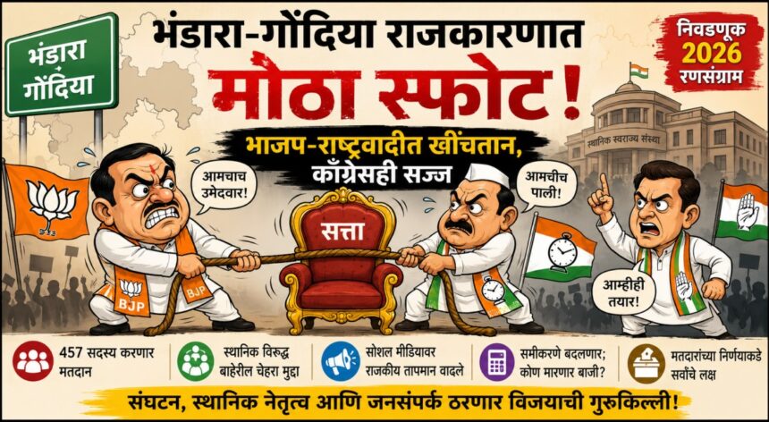 भंडारा-गोंदिया राजकारणावरील कार्टून बॅनर – भाजप, राष्ट्रवादी आणि काँग्रेस यांच्यात सत्ता मिळवण्यासाठी सुरू असलेली राजकीय चुरस, निवडणूक २०२६ पार्श्वभूमीवर दाखवलेले व्यंगचित्र.