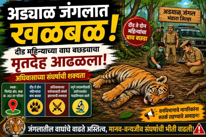 अड्याळ जंगलातील वाघ बछड्याच्या मृत्यूवर आधारित कार्टून न्यूज बॅनर – जंगल परिसरात मृत अवस्थेत पडलेला वाघ बछडा, तपास करणारे वन अधिकारी आणि अधिवास संघर्षाची शक्यता दर्शवणारे दृश्य.