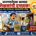 जनगणना कामासाठी कडक उन्हात घराघरांत फिरणाऱ्या शिक्षकांचे कार्टून स्वरूपातील चित्रण – ४५ अंश तापमान, सुविधा व भत्त्यांचा अभाव आणि वाढलेला कामाचा ताण दाखवणारा न्यूज बॅनर.