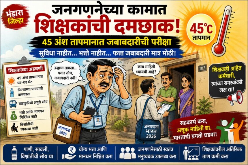 जनगणना कामासाठी कडक उन्हात घराघरांत फिरणाऱ्या शिक्षकांचे कार्टून स्वरूपातील चित्रण – ४५ अंश तापमान, सुविधा व भत्त्यांचा अभाव आणि वाढलेला कामाचा ताण दाखवणारा न्यूज बॅनर.