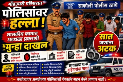 साकोली पोलिसांनी पोलिसांवर हल्ला, शिवीगाळ व शासकीय कामात अडथळा निर्माण केल्याप्रकरणी सात आरोपींना अटक केल्याचे दर्शविणारा कार्टून शैलीतील न्यूज बॅनर.