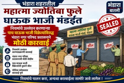 भंडारा शहरातील महात्मा ज्योतिबा फुले घाऊक भाजी मंडईत नियमांचे उल्लंघन करणाऱ्या पाच घाऊक भाजी विक्रेत्यांची दुकाने भंडारा नगर परिषद प्रशासनाने सील केल्याचे दर्शविणारा कार्टून शैलीतील न्यूज बॅनर.