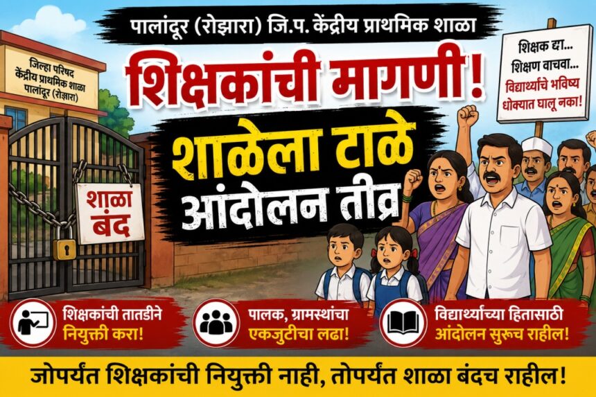 पालांदूर (रोजगारा) जिल्हा परिषद केंद्रीय प्राथमिक शाळेत शिक्षकांच्या नियुक्तीच्या मागणीसाठी ग्रामस्थ, पालक आणि शाळा व्यवस्थापन समितीचे आंदोलन दर्शविणारा कार्टून बॅनर. शाळेच्या गेटला टाळे लावलेले असून शिक्षकांची तातडीने नियुक्ती करण्याची मागणी करण्यात आली आहे.
